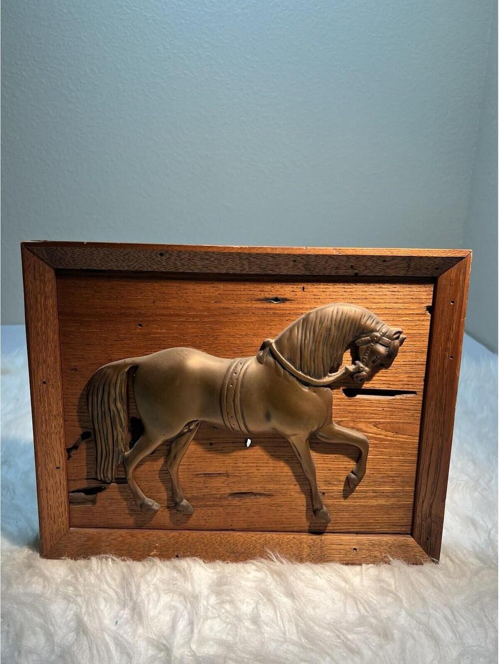 Vintage Solid Brass Horse Mounted On Chestnut Wood Hanging Picture